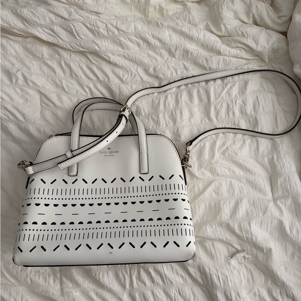 kate spade White Perforated Dome Satchel with Black Trim